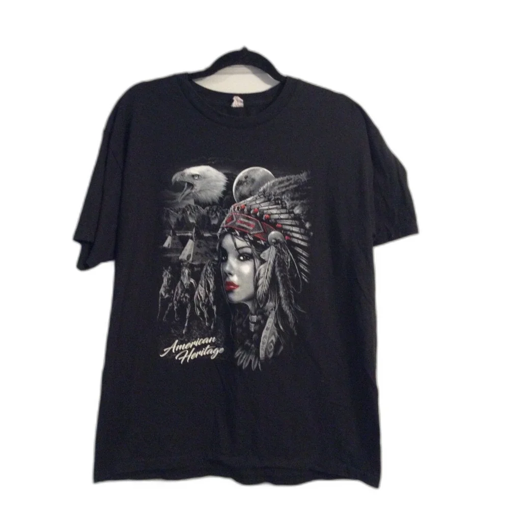 American Indian Native woman eagle horses black Tee XL